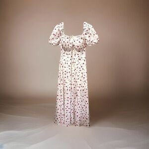 SHEIN Floral Puff Sleeve Midi Dress | White Red Roses | Size Large |